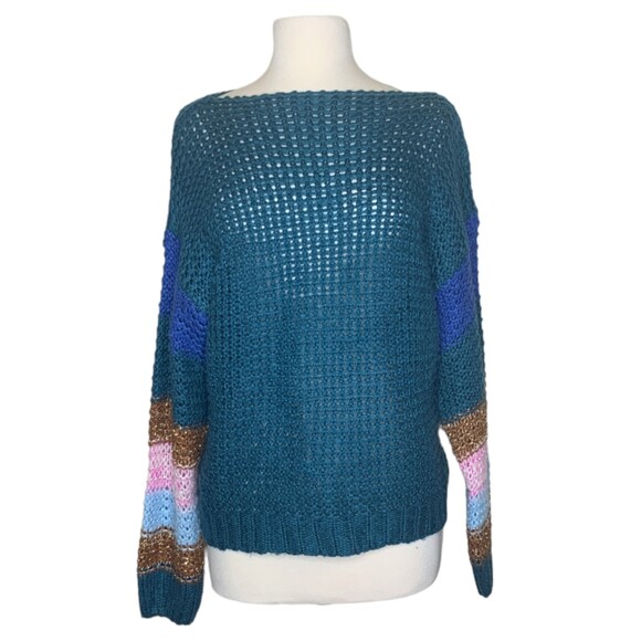 Heartloom Women’s Large Open Knit Sweater Teal Multi Color Block Sleeves Boho - Picture 2 of 9
